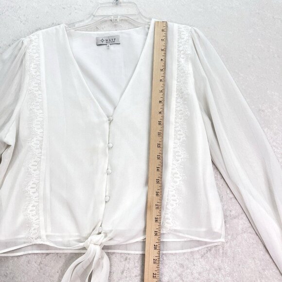 WAYF White Blouse Womens Size Large V-Neck Lace Trim Knotted Cropped Feminine - Picture 8 of 14